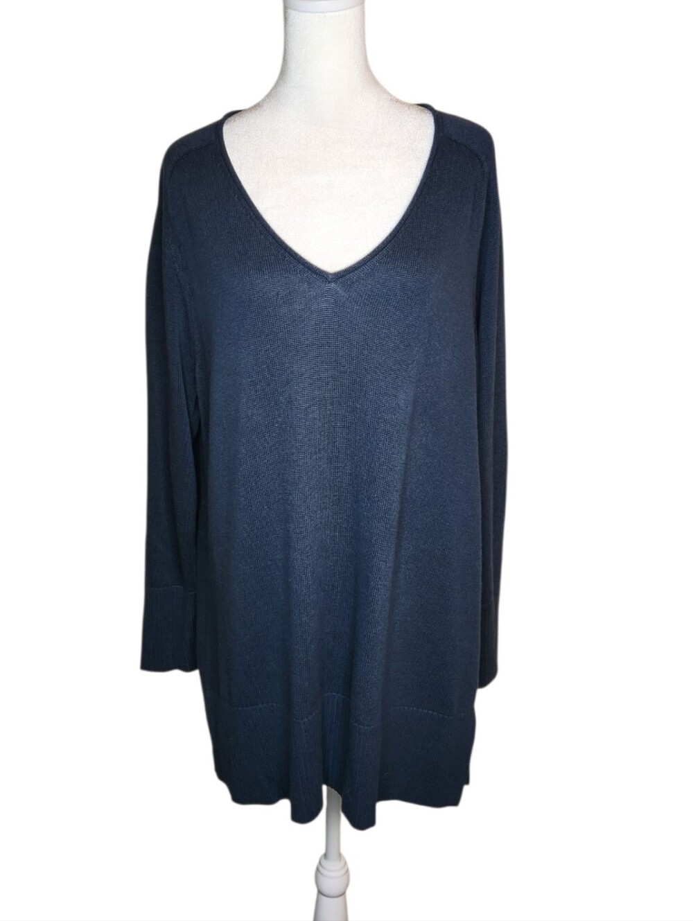 Eileen Fisher V Neck Sweater Tunic Cotton Lyocell Blend Blue Size Large